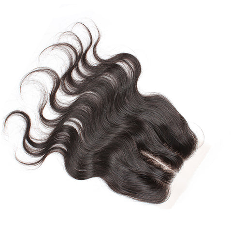 Virgin Brazilian Afro Human Hair Bleached Knots Three Part Body Wave Lace Closure Natural Black 4" x 4" - OneDor