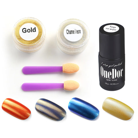 Chrome Shinning Glitter Mirror Nail Powder & No Wipe Gel Top Coat - UV Led Cured Required - OneDor