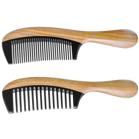 Extra Length Handmade 100% Natural Green Sandalwood With Buffalo Horn Fine Tooth Hair Combs - Anti-Static Sandalwood Scent Natural Hair Detangler Wooden Comb - OneDor