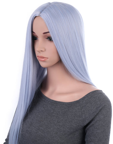 31 Inches Silver Blue Straight Long Synthetic Hair Wig with Wig Cap - OneDor