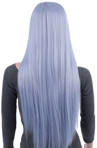 31 Inches Silver Blue Straight Long Synthetic Hair Wig with Wig Cap - OneDor