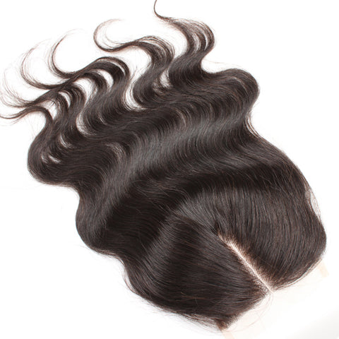 Virgin Brazilian Afro Human Hair Bleached Knots Middle Part Body Wave Lace Closure Natural Black 4" x 4" - OneDor