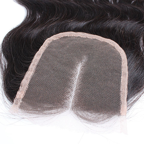 Virgin Brazilian Afro Human Hair Bleached Knots Middle Part Body Wave Lace Closure Natural Black 4" x 4" - OneDor