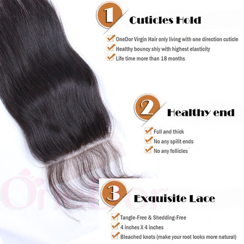 Virgin Brazilian Afro Human Hair Bleached Knots Lace Closure Natural Black 4" x 4" - OneDor