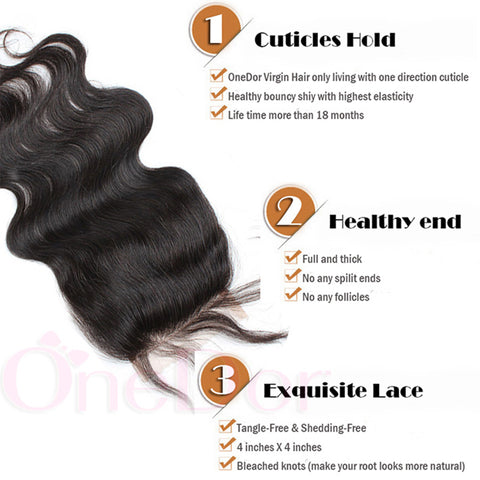 Virgin Brazilian Afro Human Hair Bleached Knots Free Part Body Wave Lace Closure Natural Black 4" x 4" - OneDor