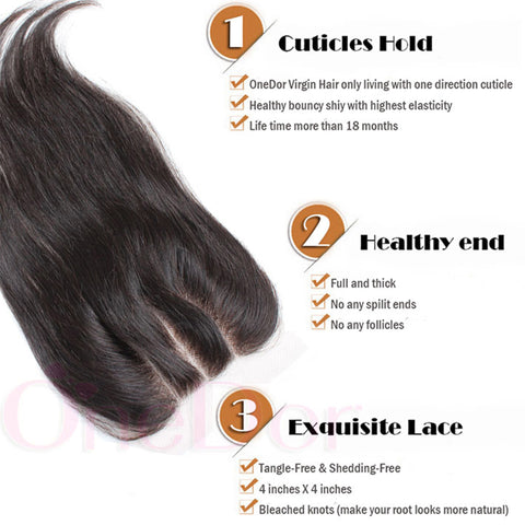 Virgin Brazilian Afro Human Hair Bleached Knots Lace Closure Natural Black 4" x 4" - OneDor
