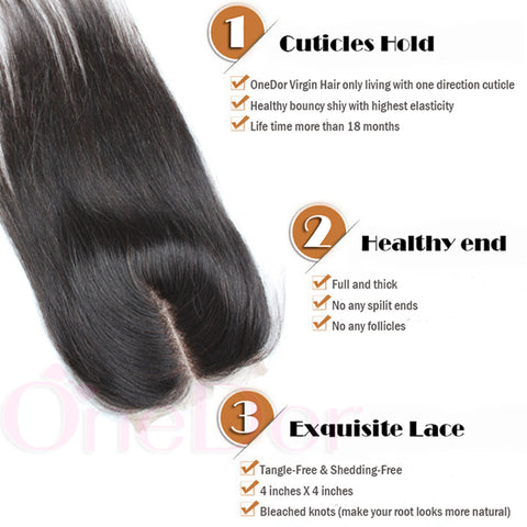 Virgin Brazilian Afro Human Hair Bleached Knots Lace Closure Natural Black 4" x 4" - OneDor